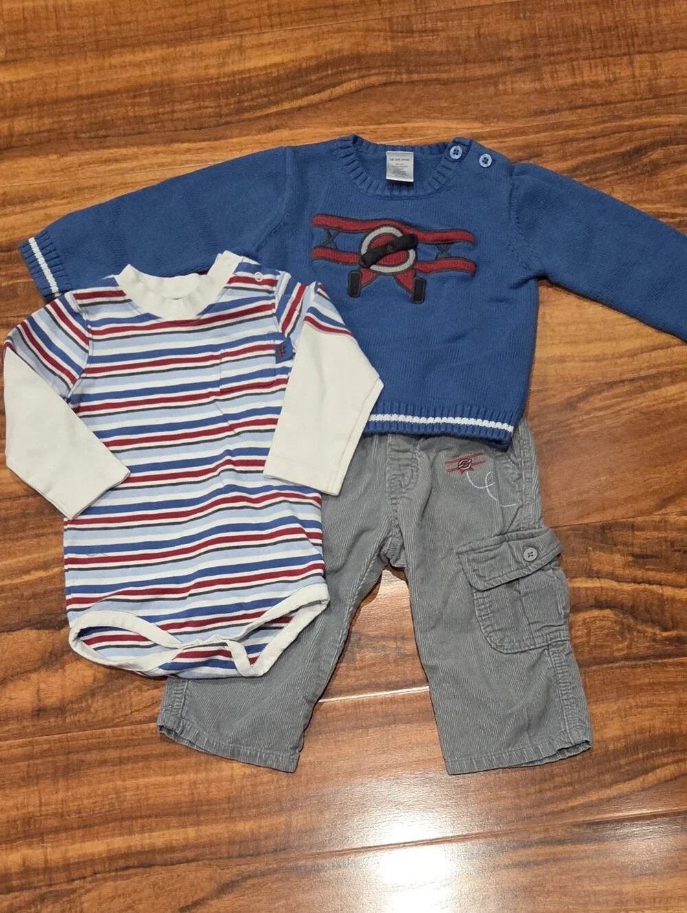 Gymboree EUC 18-24 Blue/Red Striped Bodysuit, Corduroy Pants & Airplane Sweater